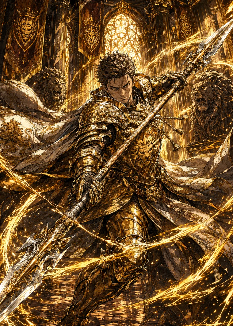 Alaric, the 61 champion card of Corona Aurea, a golden knight with a spear