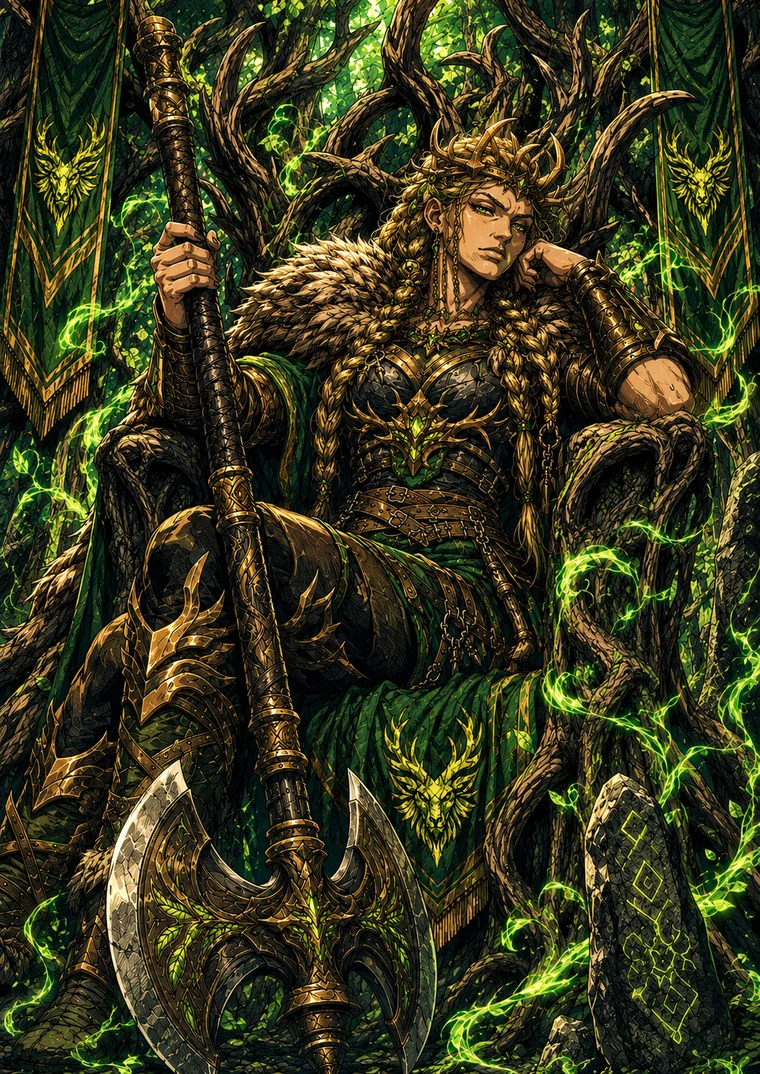 Brynn, the 61 champion card of Casata della Quercia, seated on a throne of roots with an axe