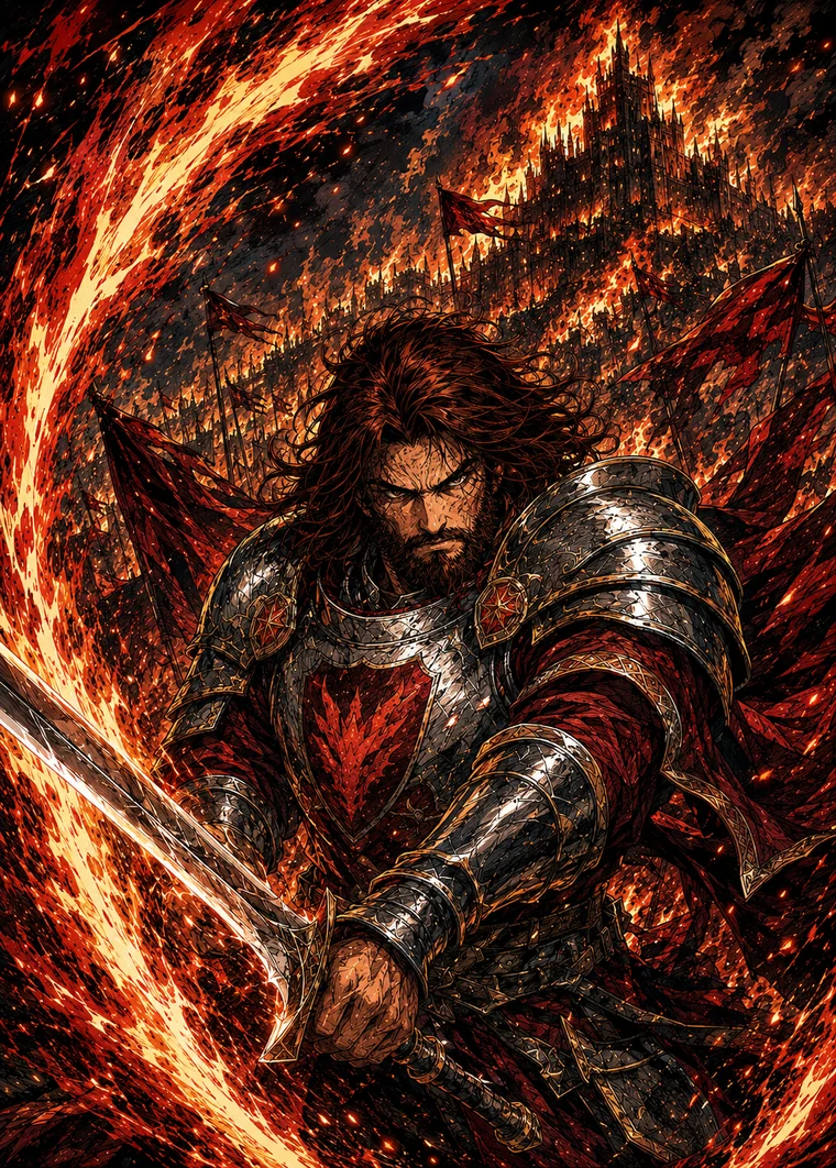 Kael, the 61 champion card of Fortezza Cremisi, an armoured knight wreathed in fire