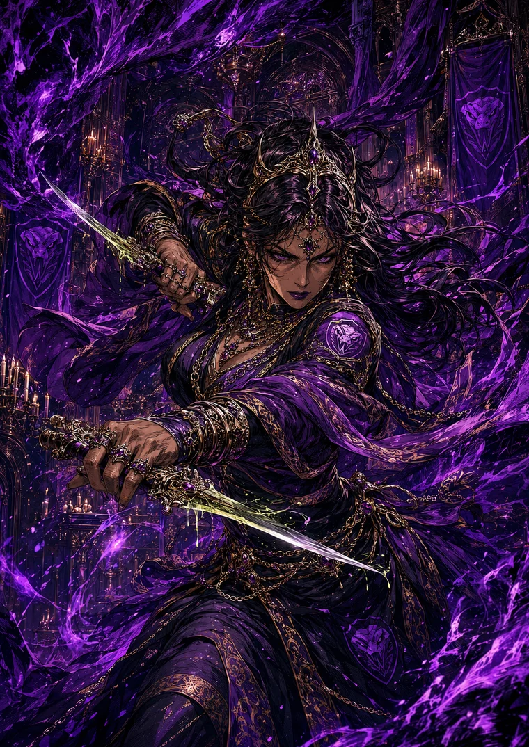 Opheya, the 61 champion card of Corte Purpurea, holding twin daggers in violet light