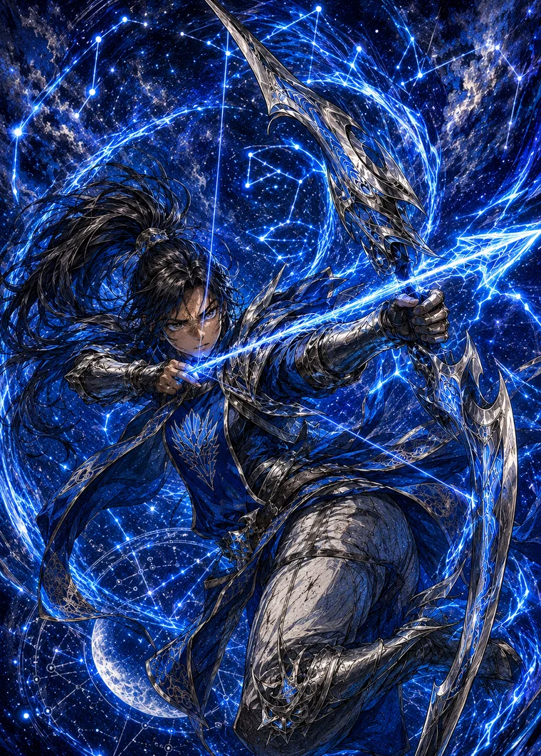 Seyra, the 61 champion card of Ordine Celeste, an archer surrounded by blue constellations