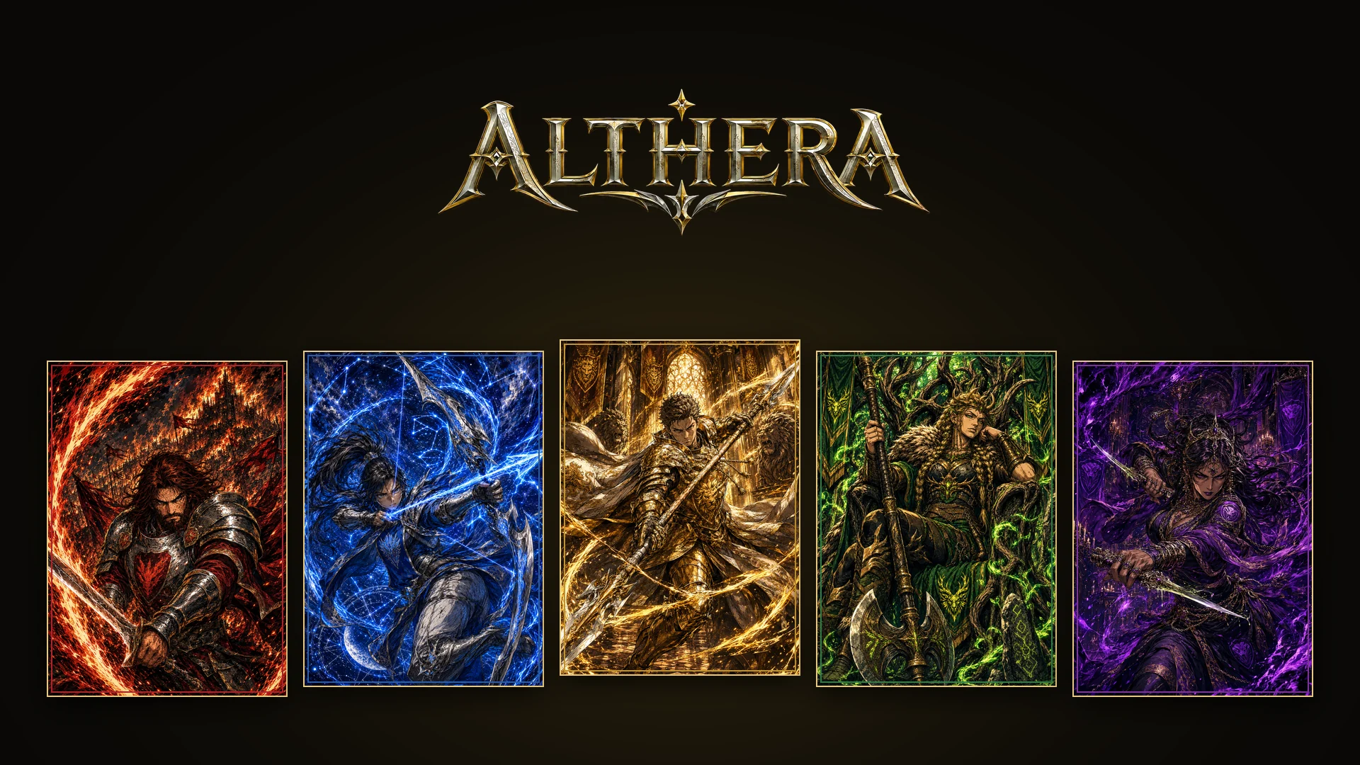 Althera key art: the logotype above the five house champions